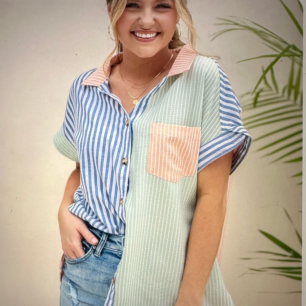 Umgee Multicolor Striped Button-Up Shirt NWT